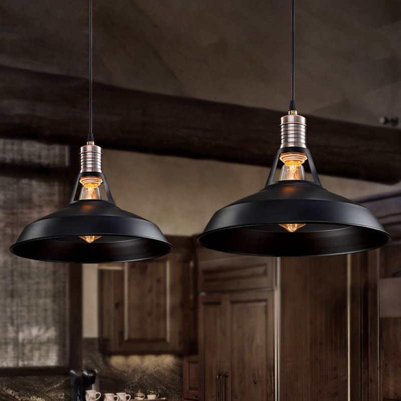 Vintage Barn Pendant Light - Metallic Black/White 1 Bulb Suspension 10.5/12/15 Inch Width