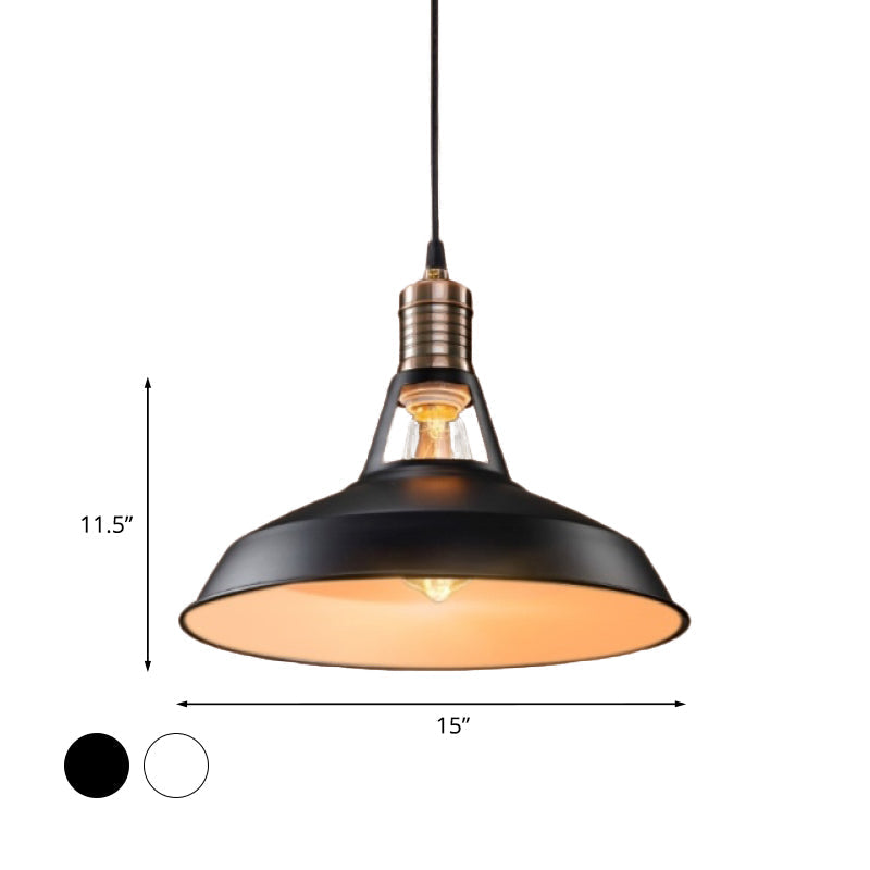 Vintage Barn Pendant Light - Metallic Black/White 1 Bulb Suspension 10.5/12/15 Inch Width