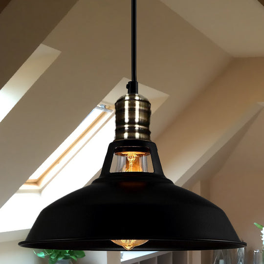 1-Head Barn Pendant Lighting - Industrial Black/White Metallic Suspension Light 10.5/12/15 Inch Dia