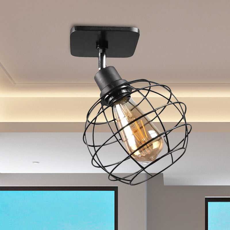 Black Metal Rotatable Ceiling Light Fixture For Restaurant - Industrial Semi Flush Mount Cage