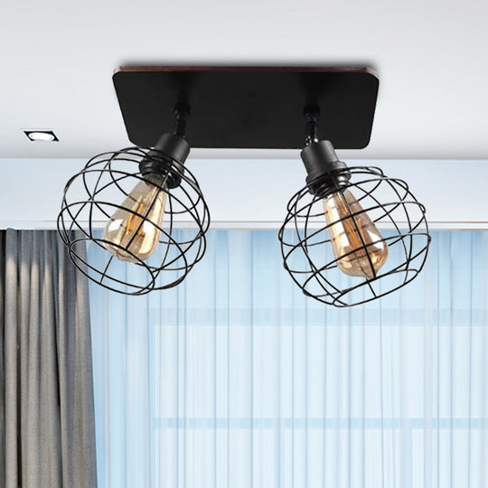 Black Metal Rotatable Ceiling Light Fixture For Restaurant - Industrial Semi Flush Mount Cage