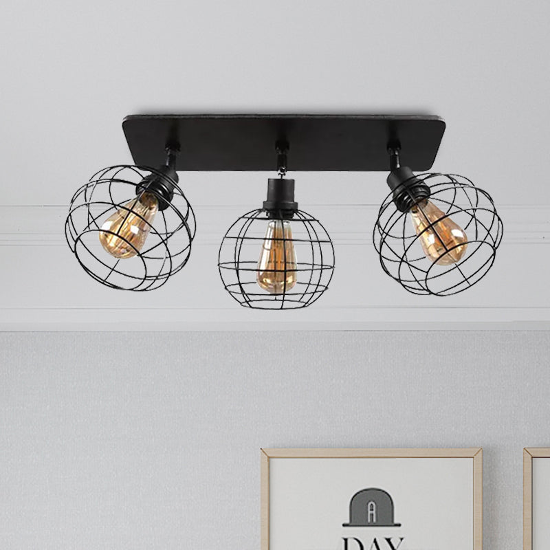 Black Metal Rotatable Ceiling Light Fixture For Restaurant - Industrial Semi Flush Mount Cage