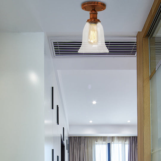 Industrial Flared Glass Semi Flush Mount Light With Clear Bulb In Black/Bronze/Copper Rust