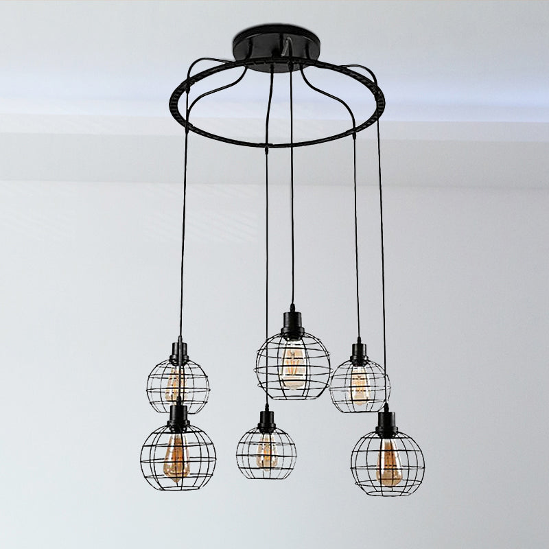 Industrial Style Global Hanging Lamp - 6-Bulb Metallic Suspended Light In Black With Wire Cage Shade