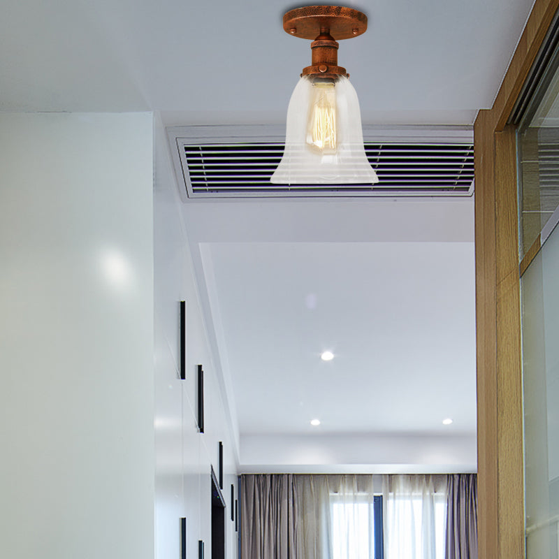 Industrial Flared Glass Semi Flush Mount Light With Clear Bulb In Black/Bronze/Copper Rust