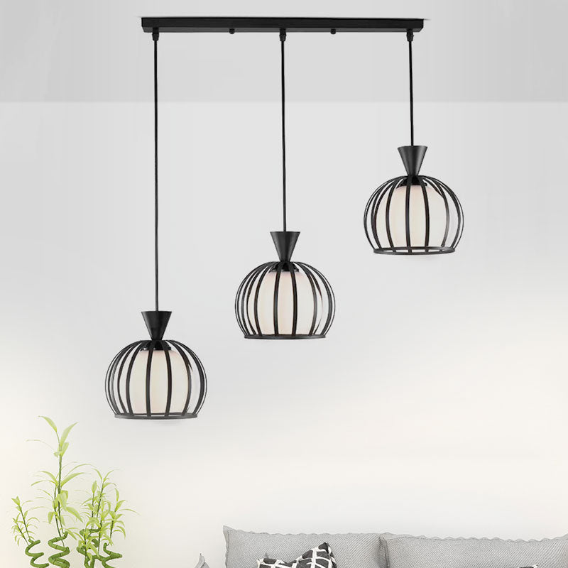 Metal Dome Cage Pendant With Milk Glass Shade - Retro Style 3-Bulb Hanging Light Indoor Black/White