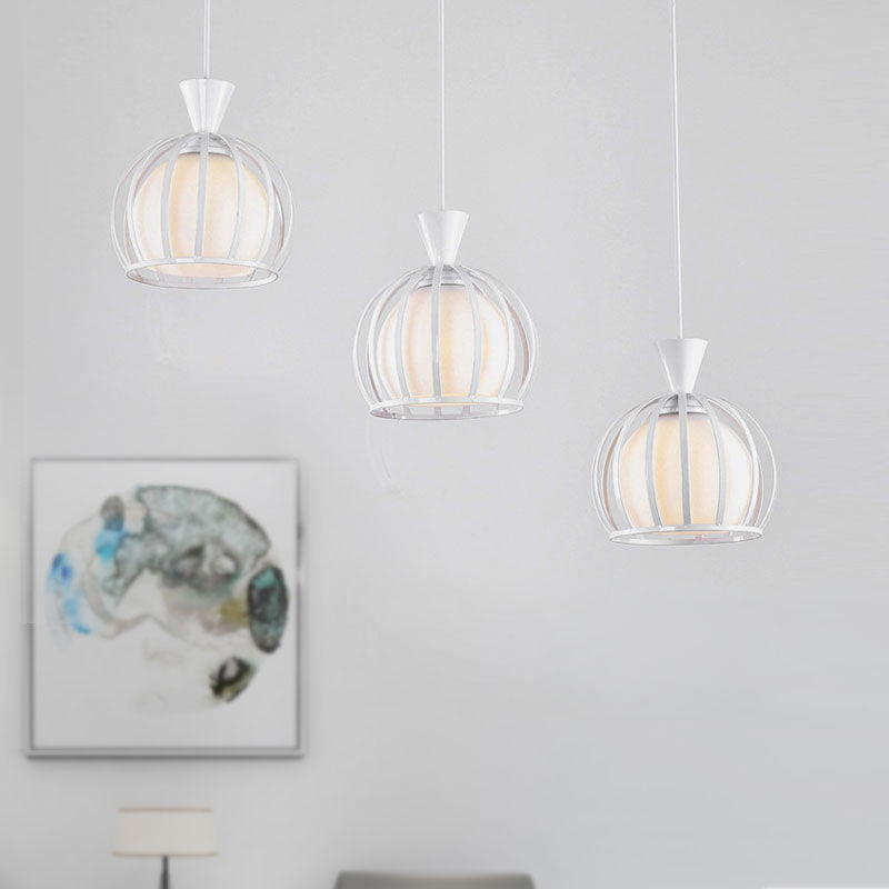 Retro Metal Dome Cage Pendant Light With Milk Glass Shade - 3 Bulb Indoor Hanging Fixture In