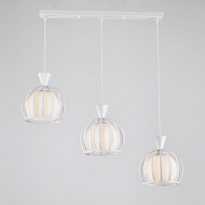 Metal Dome Cage Pendant With Milk Glass Shade - Retro Style 3-Bulb Hanging Light Indoor Black/White