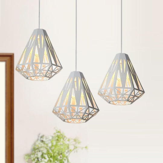 Stylish Wire Cage Suspension Light With Diamond Shade - Loft 3-Head Metal Ceiling Fixture