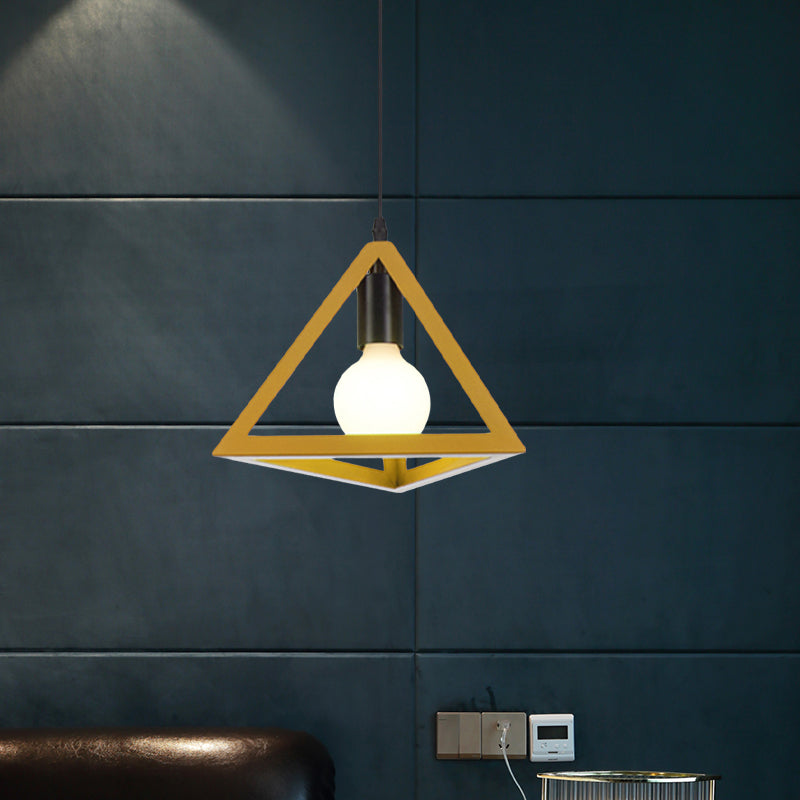 Retro Stylish Metal Hanging Lamp With Triangle Cage Shade - Red/Blue Pendant Lighting Fixture For