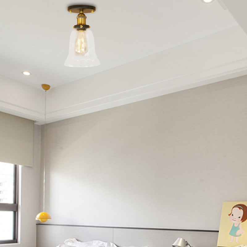 Industrial Flared Glass Semi Flush Mount Light With Clear Bulb In Black/Bronze/Copper Satin Brass