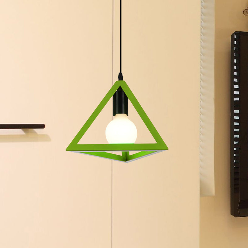 Retro Stylish Metal Hanging Lamp With Colorful Triangle Cage Shade Pendant Lighting For Living Room