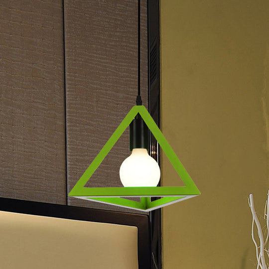 Retro Stylish Metal Hanging Lamp With Triangle Cage Shade - Red/Blue Pendant Lighting Fixture For