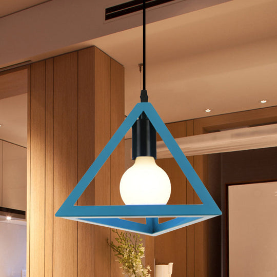 Retro Stylish Metal Hanging Lamp With Triangle Cage Shade - Red/Blue Pendant Lighting Fixture For