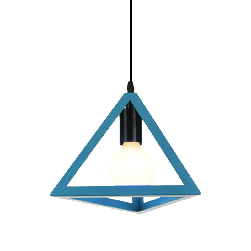 Retro Stylish Metal Hanging Lamp With Triangle Cage Shade - Red/Blue Pendant Lighting Fixture For