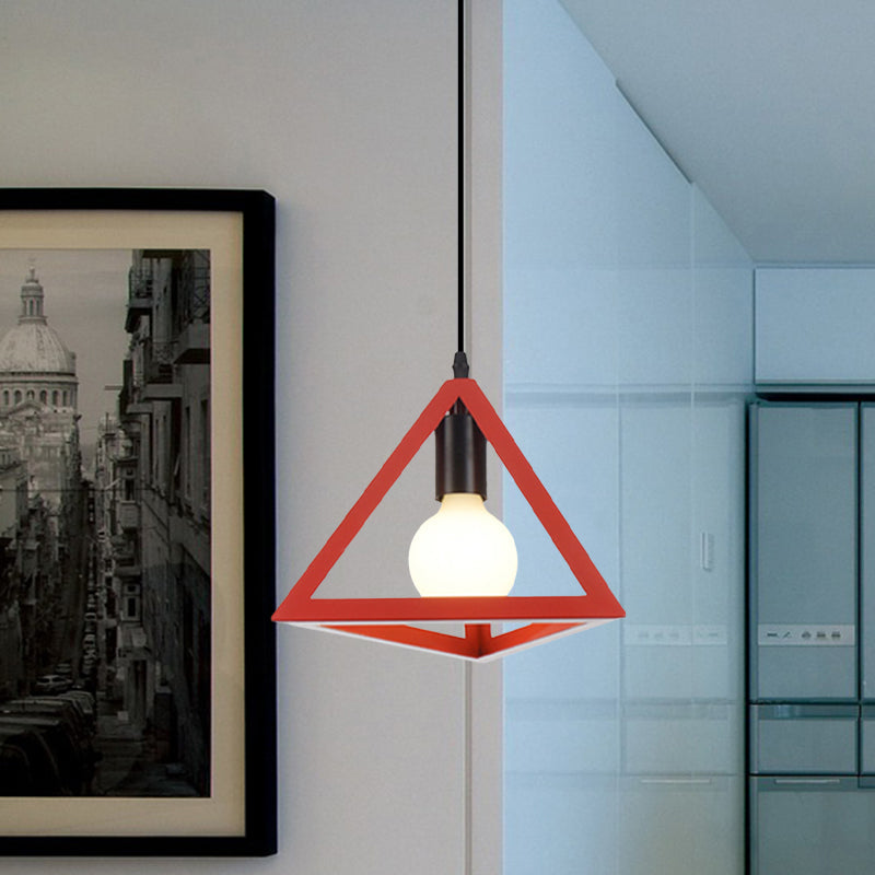 Retro Stylish Metal Hanging Lamp With Triangle Cage Shade - Red/Blue Pendant Lighting Fixture For