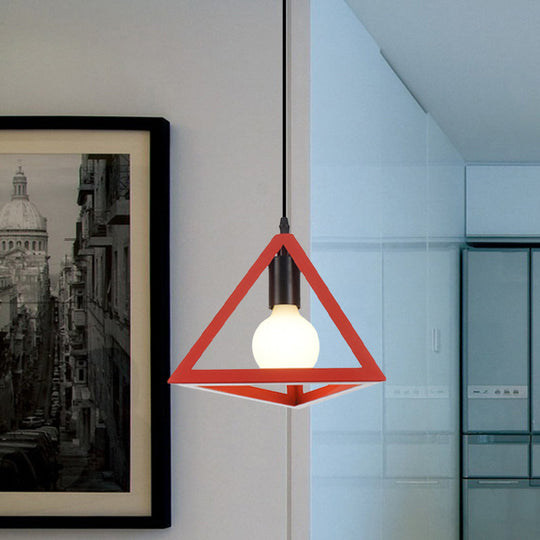Retro Stylish Metal Hanging Lamp With Triangle Cage Shade - Red/Blue Pendant Lighting Fixture For