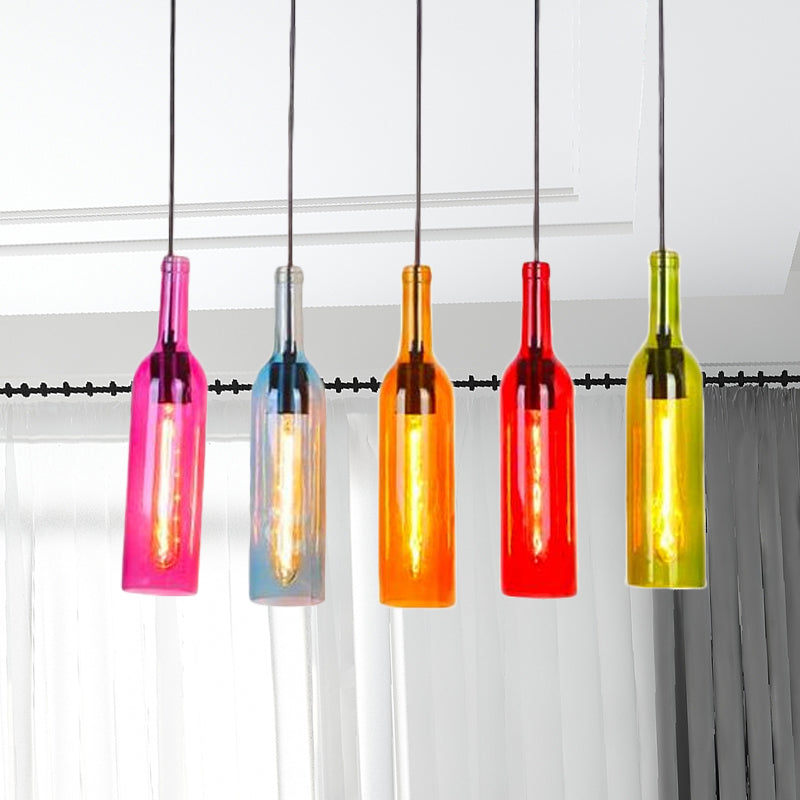 Industrial 3/5-Head Glass Wine Bottle Hanging Light For Restaurants - Black Pendant Lamp With