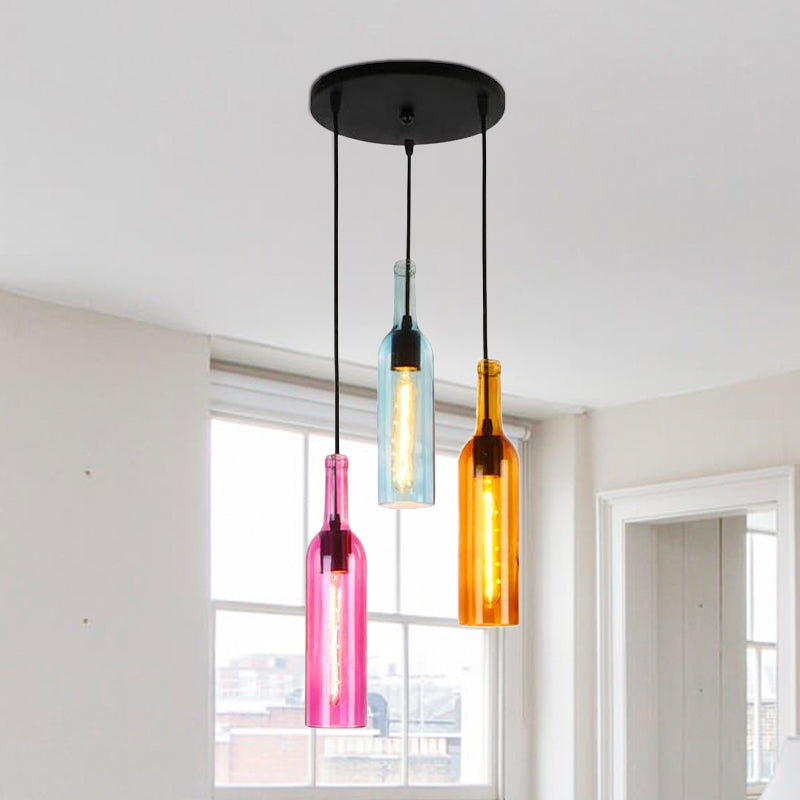 Industrial 3/5-Head Glass Wine Bottle Hanging Light For Restaurants - Black Pendant Lamp With