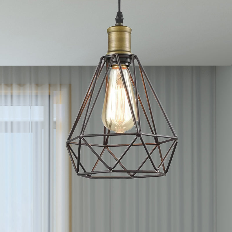 Vintage Diamond Cage Pendant Light - Iron Hanging Lamp In Brass For Living Room