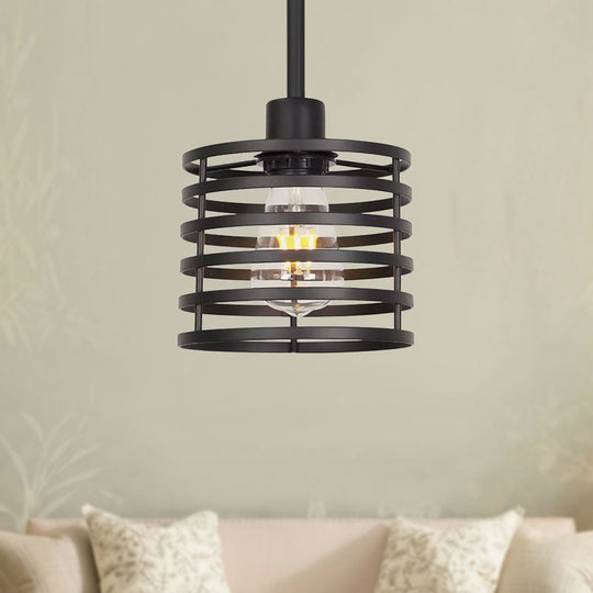 Vintage Wire Cage Hanging Lamp: Metallic Pendant Light With Cylindrical Black/Brass Shade
