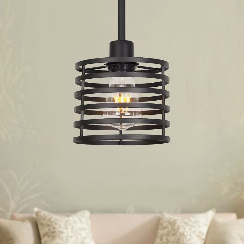 Vintage Wire Cage Pendant Light With Cylindrical Shade - Single Bulb Metallic Finish (Black/Brass)