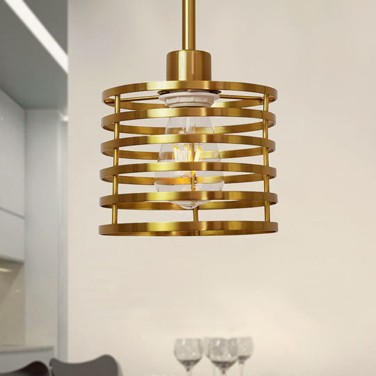 Vintage Wire Cage Pendant Light With Cylindrical Shade - Single Bulb Metallic Finish (Black/Brass)