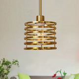 Vintage Wire Cage Pendant Light With Cylindrical Shade - Single Bulb Metallic Finish (Black/Brass)