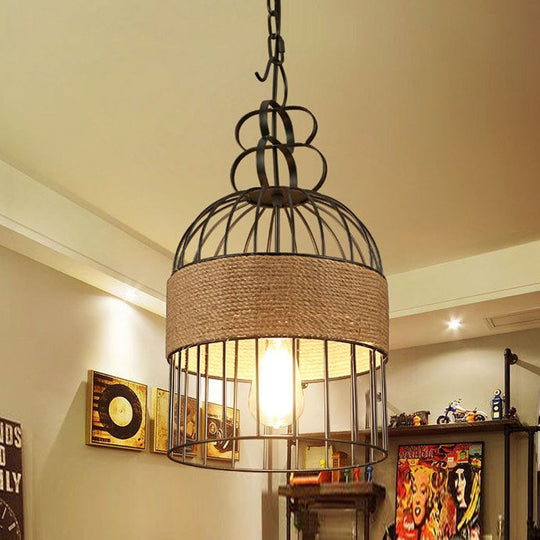 Black Metal & Rope Bird Cage Pendant Lamp For Restaurants