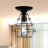 Industrial Stylish Black Iron Ceiling Lamp - Oval/Bell Cage Design 1 Head Semi Flush Pendant Light