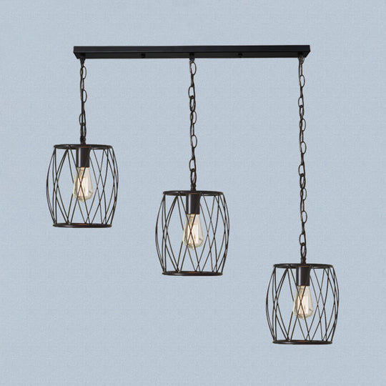 Sleek Black Metal Lantern Hanging Lamp - 3 Bulb Industrial Stylish Cage Shade Suspension Light For