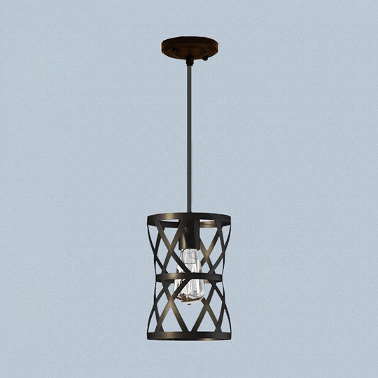 Vintage Industrial Metal Pendant Light With Stylish Black Cage Shade - Dining Room Hanging Lamp