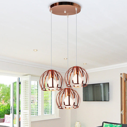 Copper Industrial Pendant Lamp With 3 Metal Dome Shades And Wire Cage - Perfect For Living Room