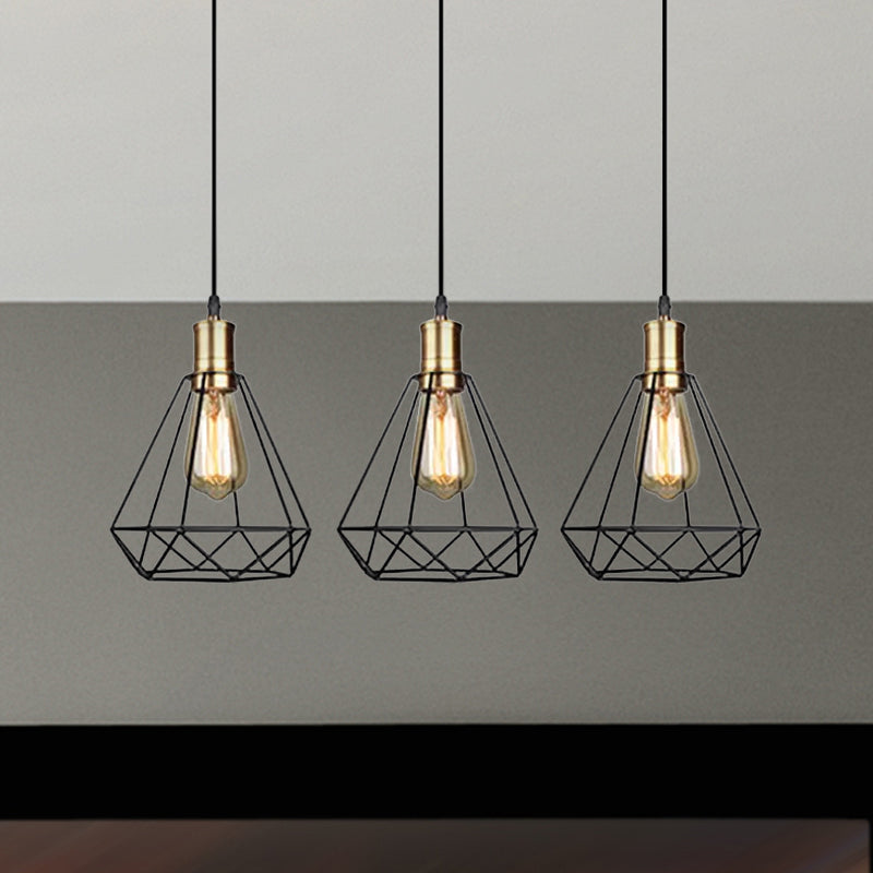 Brass Farmhouse Hanging Lamp With Teardrop Cage Shade And 3 Suspended Bulbs