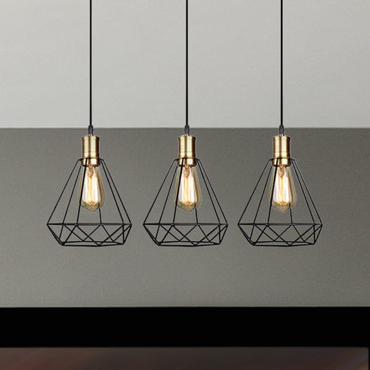 Brass Farmhouse Hanging Lamp With Teardrop Cage Shade And 3 Suspended Bulbs