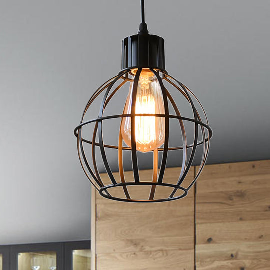 Industrial Black Metal Pendant Light With Cage Shade - Ideal For Restaurants