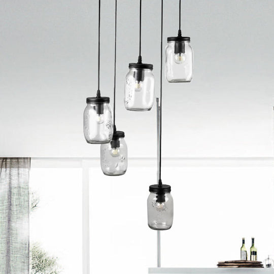 Modern Black 5-Light Cluster Pendant With Clear Glass Jar Shades - Hanging Light Fixture Cord/Chain