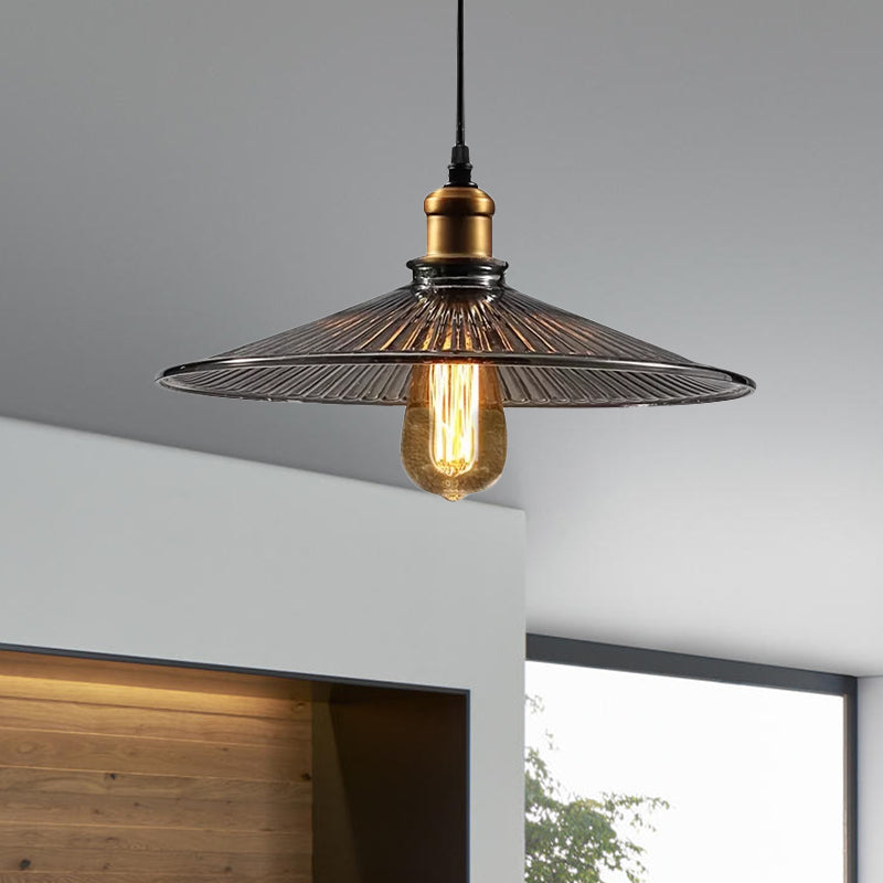 Farmhouse Brass Cone Pendant Ceiling Light With Ribbed Glass - Living Room Hanging Lamp (1 Light)