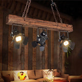 Black Metal And Wood Linear Island Pendant Light - Vintage Style With Wooden Beam 3 Lights