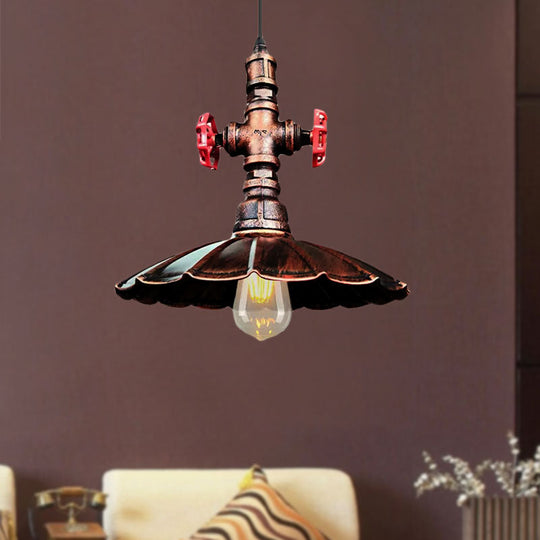 1 Light Rustic Scalloped Edge Ceiling Pendant In Brass/Weathered Copper With Pipe & Valve