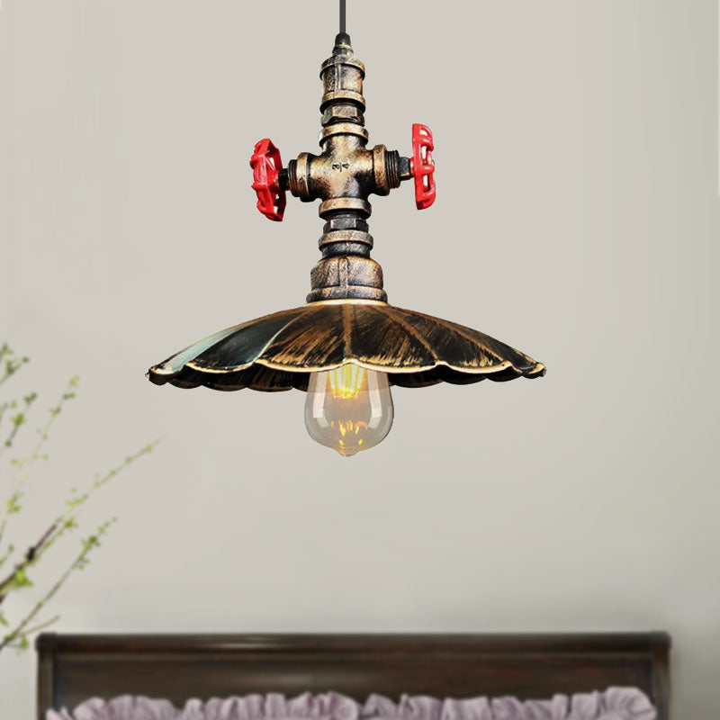 1 Light Rustic Scalloped Edge Ceiling Pendant In Brass/Weathered Copper With Pipe & Valve