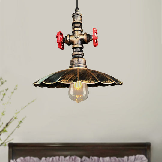 1 Light Rustic Scalloped Edge Ceiling Pendant In Brass/Weathered Copper With Pipe & Valve
