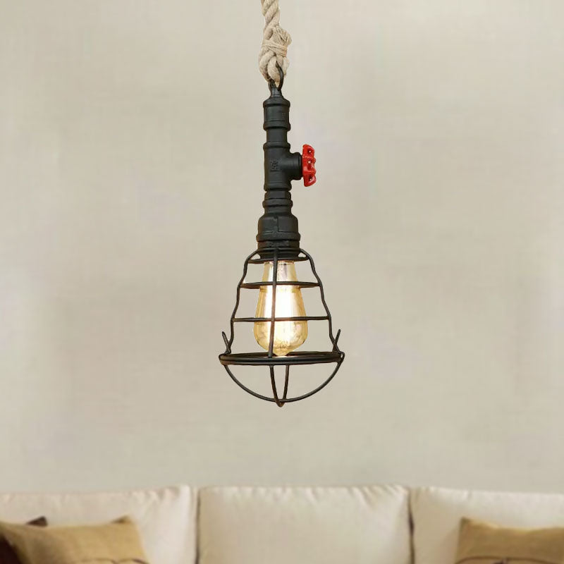 Rustic Caged Pendant Light - Black Metal Hanging With Pipe & Rope Cord Ideal For Bars
