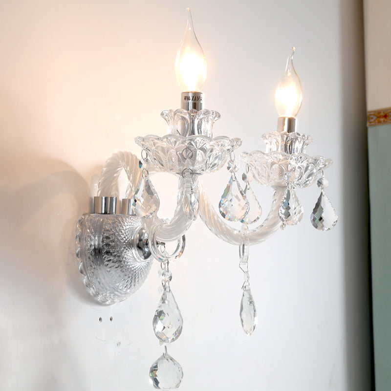 Contemporary Candelabra Wall Sconce With Clear Faceted Crystals And Droplets - 2 Bulbs