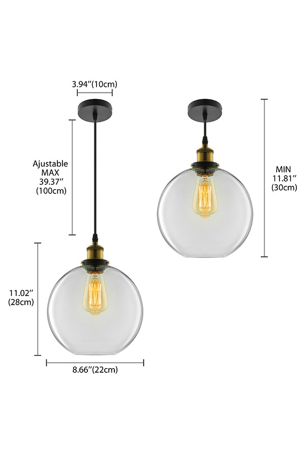 Industrial Round Pendant Light - 1 Clear Glass Hanging Lamp In Brass (8’/10’/12’ Wide)
