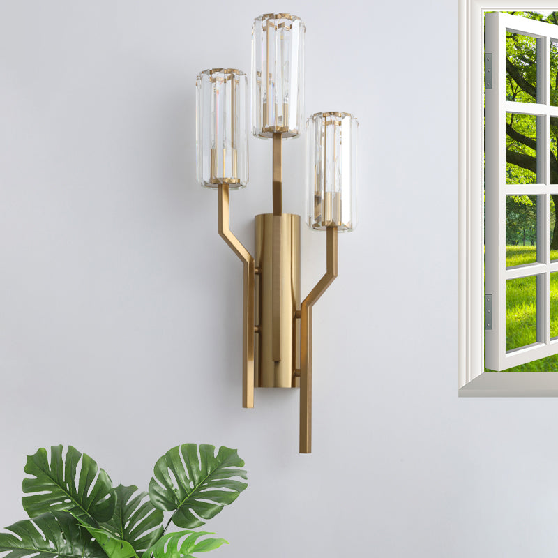 Modern Gold Metal Wall Sconce With Crystal Cylindrical Shade 3 Bulb Crooked Arm Lamp