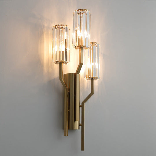 Modern Gold Metal Wall Sconce With Crystal Cylindrical Shade 3 Bulb Crooked Arm Lamp