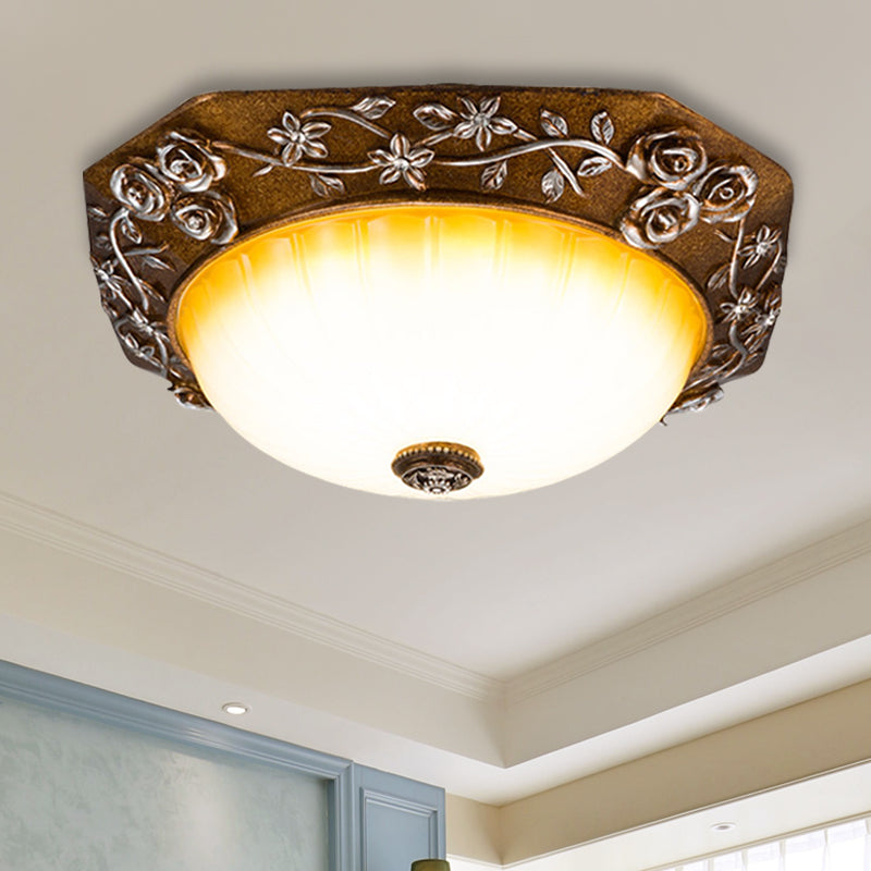 Traditional Flush Mount Led Ceiling Light With Carved Bloom Design In Brown 14’/16’ Wide / 14’
