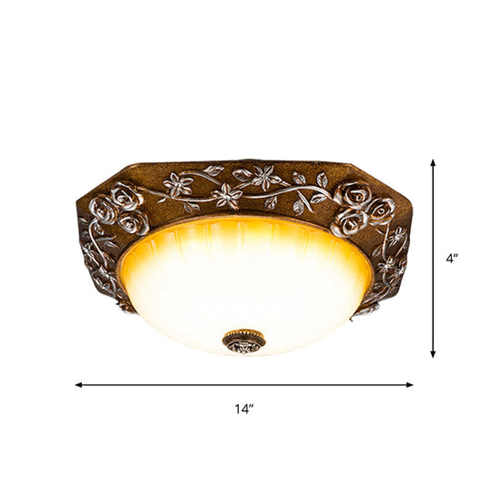 Traditional Flush Mount Led Ceiling Light With Carved Bloom Design In Brown 14’/16’ Wide
