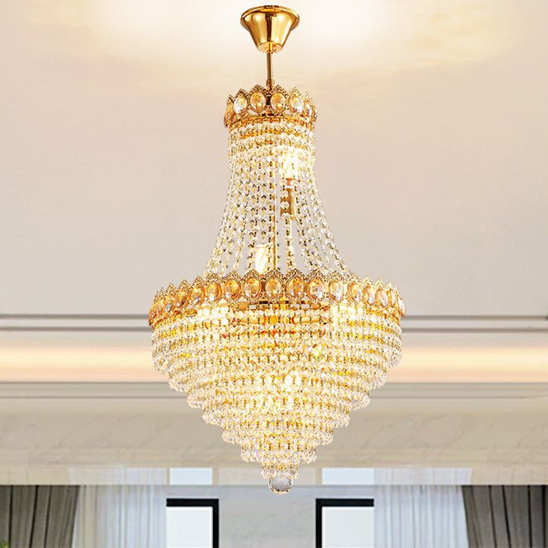 Contemporary Gold Crystal Ceiling Chandelier With Conical Down Lighting - Ideal For Parlor 5/8-Bulb